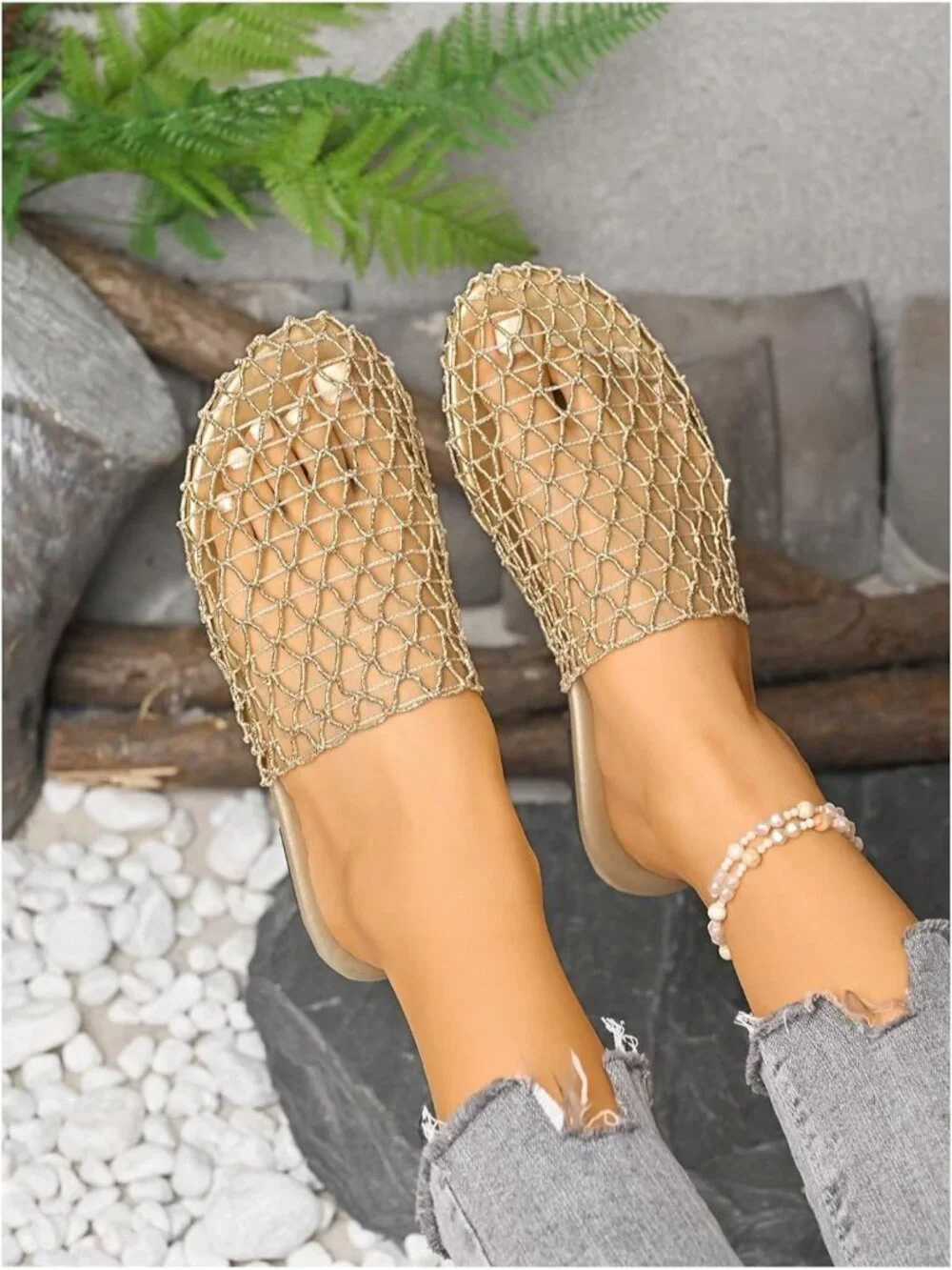 Women's Gold Summer Fishnet Mesh Through Hollow Out Slip On Slides Flat Sandals